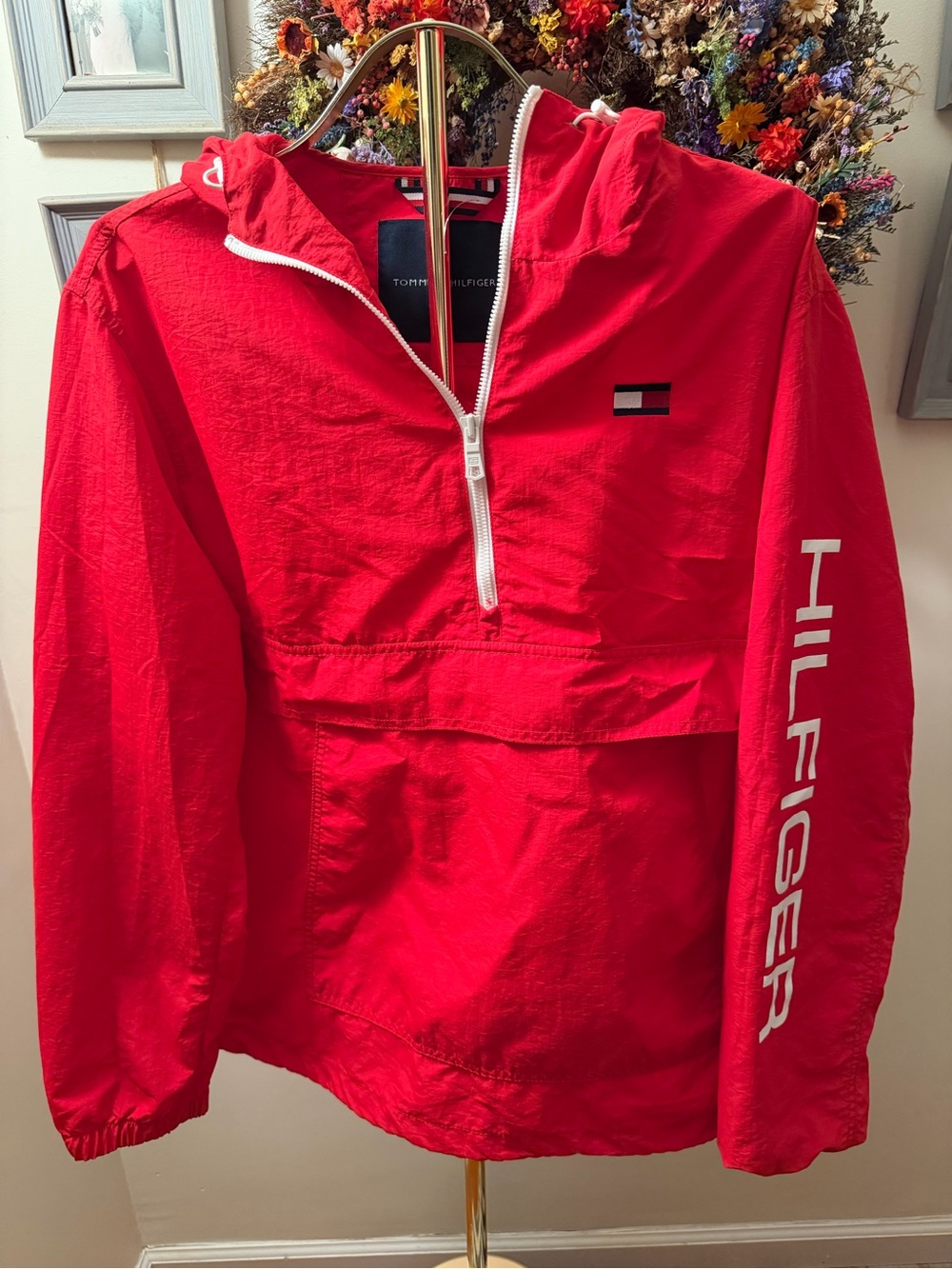 Tommy Hilfiger Red Hooded Half-Zip Windbreaker